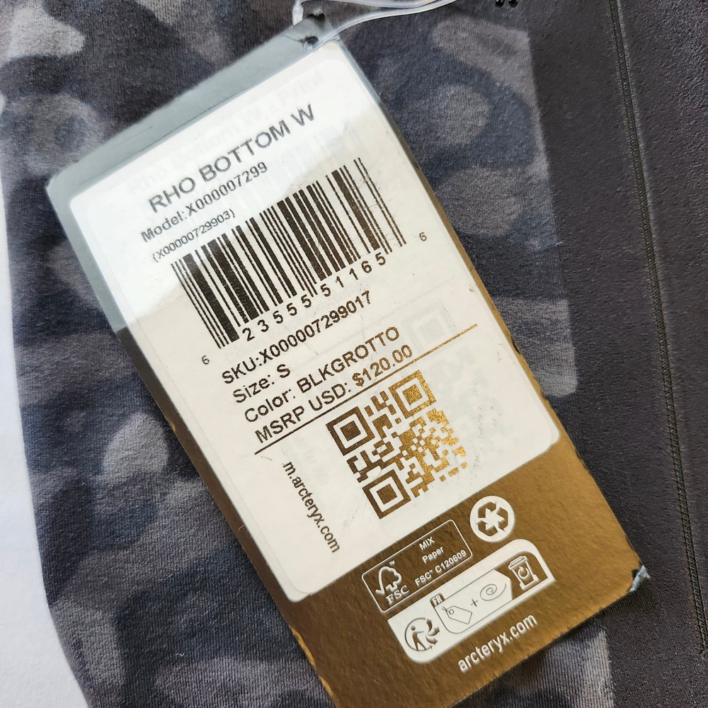 NWT Arc'teryx Rho Bottom W Black Grotto camo Thermal Leggings Pants Womens Small - Picture 4 of 5